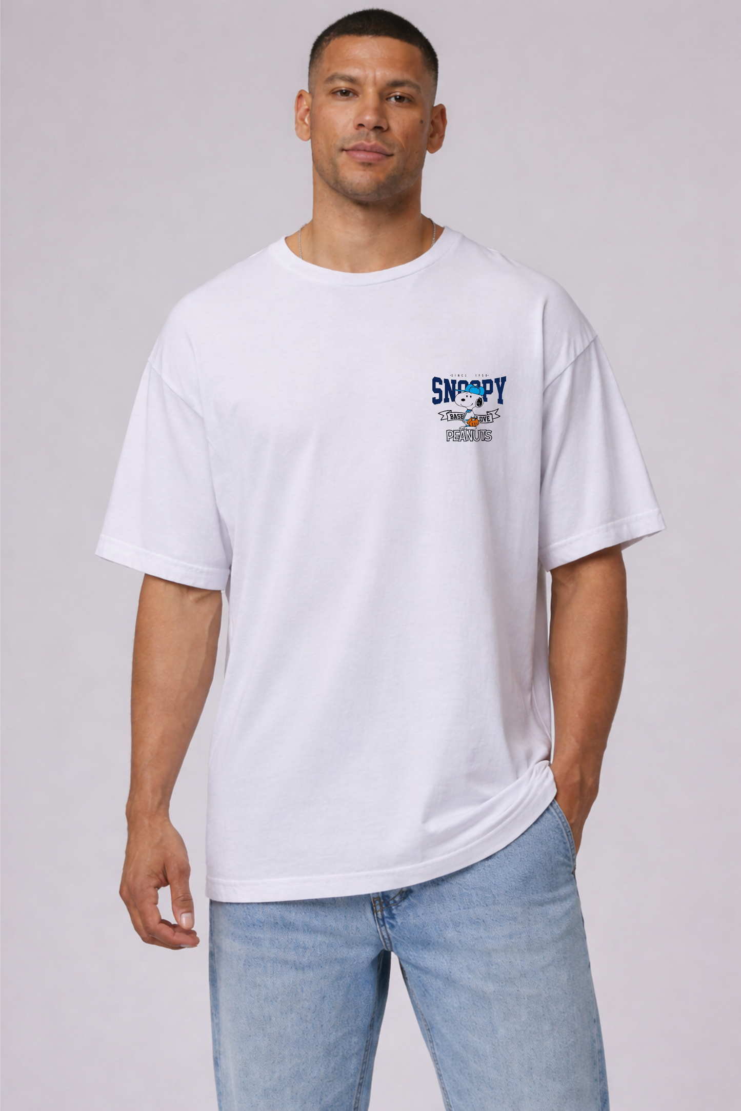 Snoopy Baseball Graphic Oversized Cotton T-Shirt for Men
