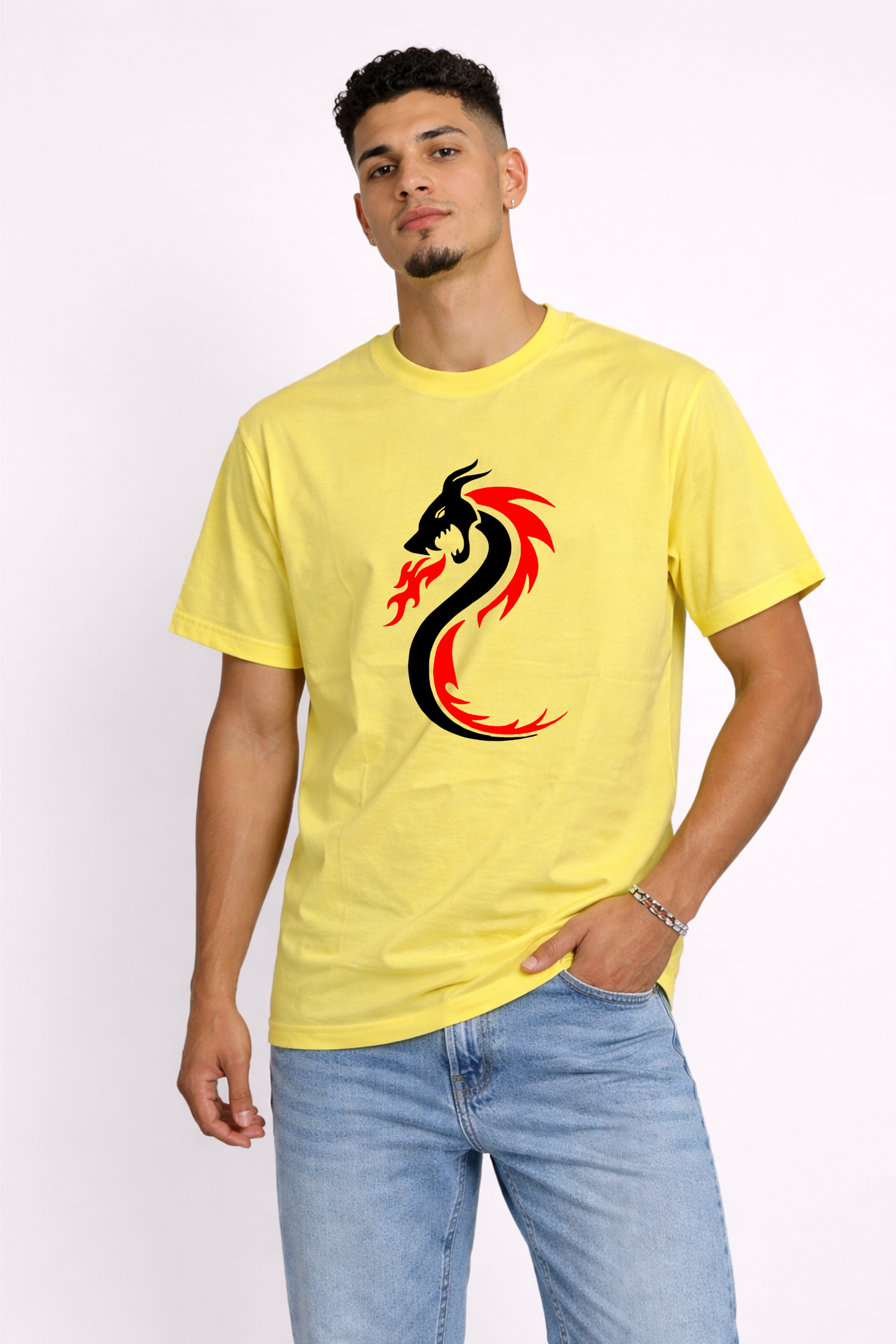 Regular Fit Yellow Dragon Print T-Shirt