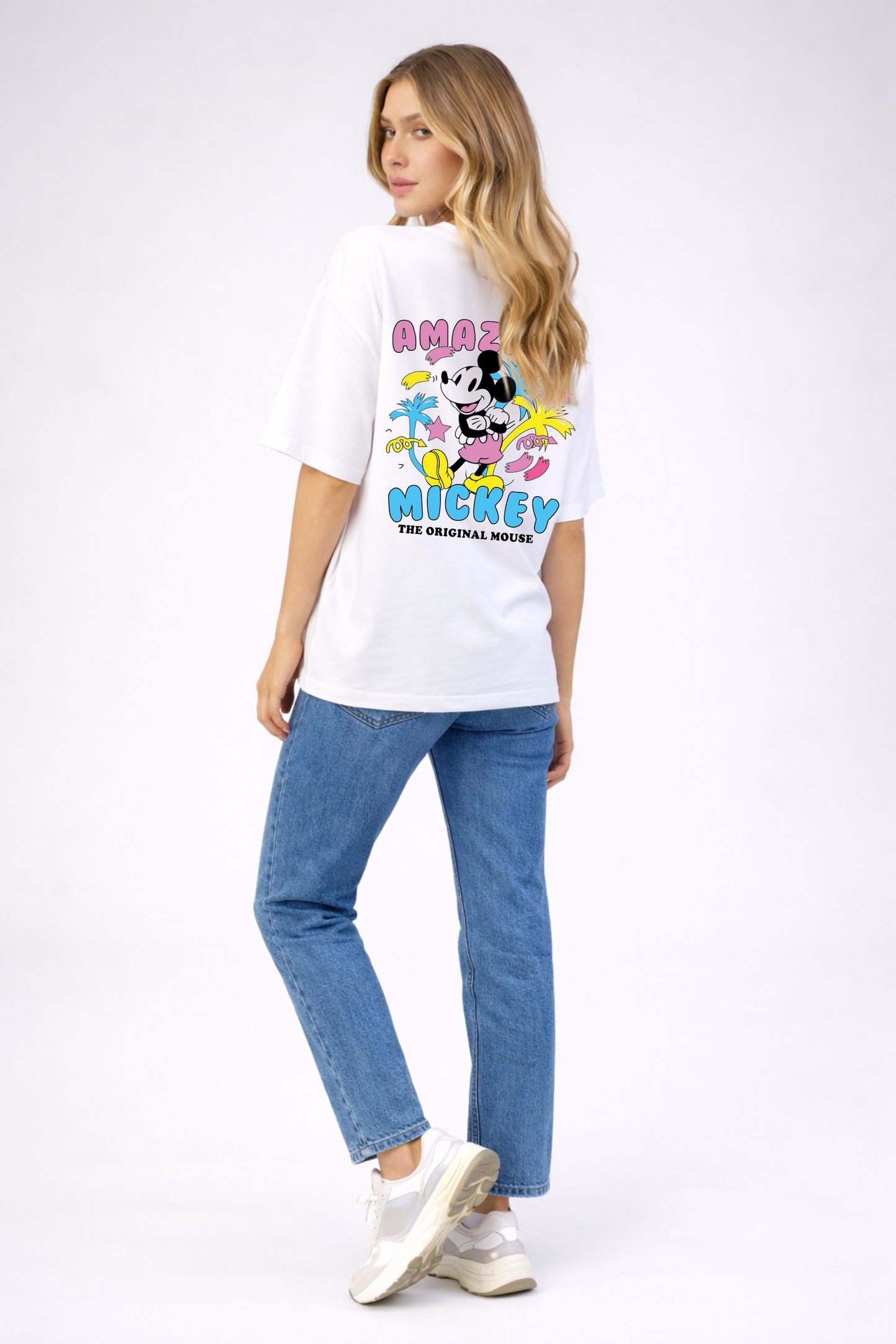 Mickey Printed Oversized White Cotton T-Shirt for Women