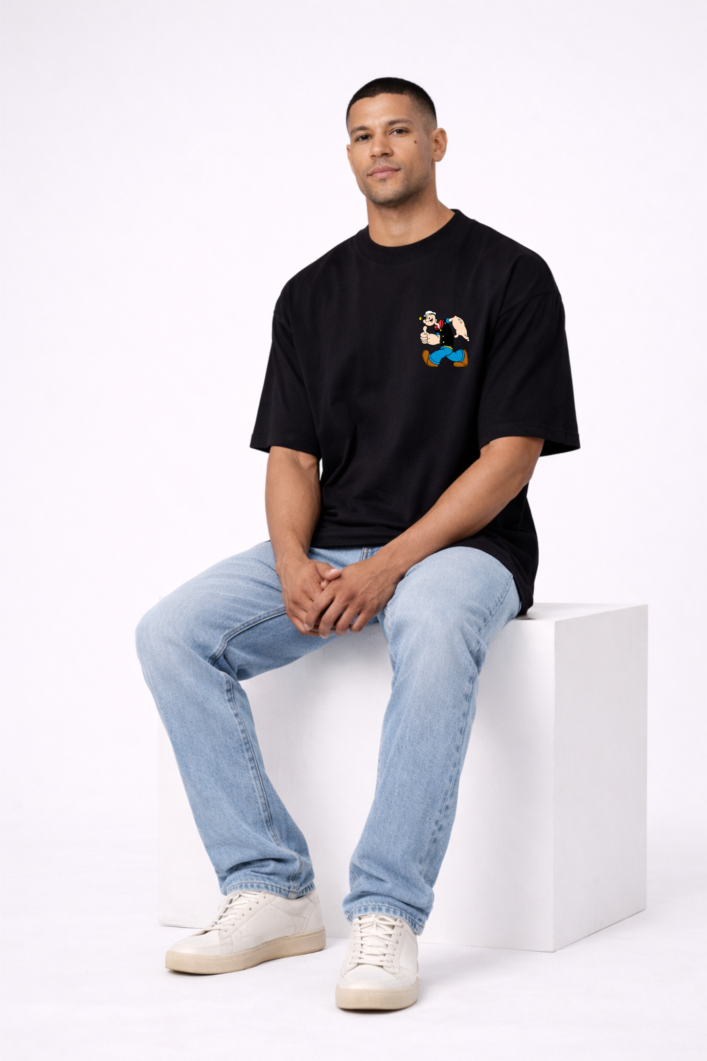 Men’s Black Oversized Cotton T-Shirt with Popeye Print