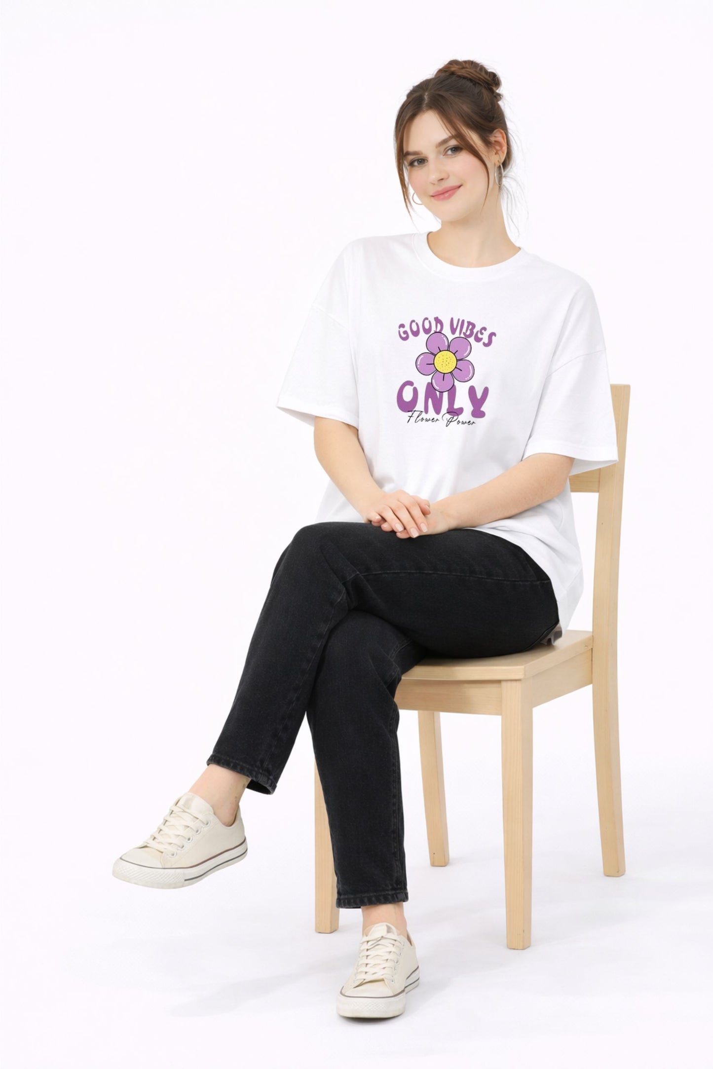 White “Good Vibes Only” Flower Print Oversized T-Shirt