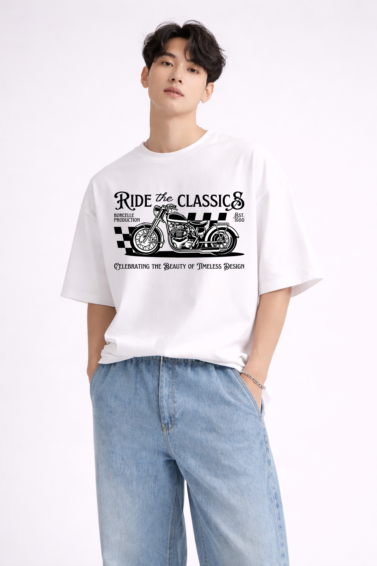 White Oversized T-Shirt – “Ride the Classics” Graphic Print