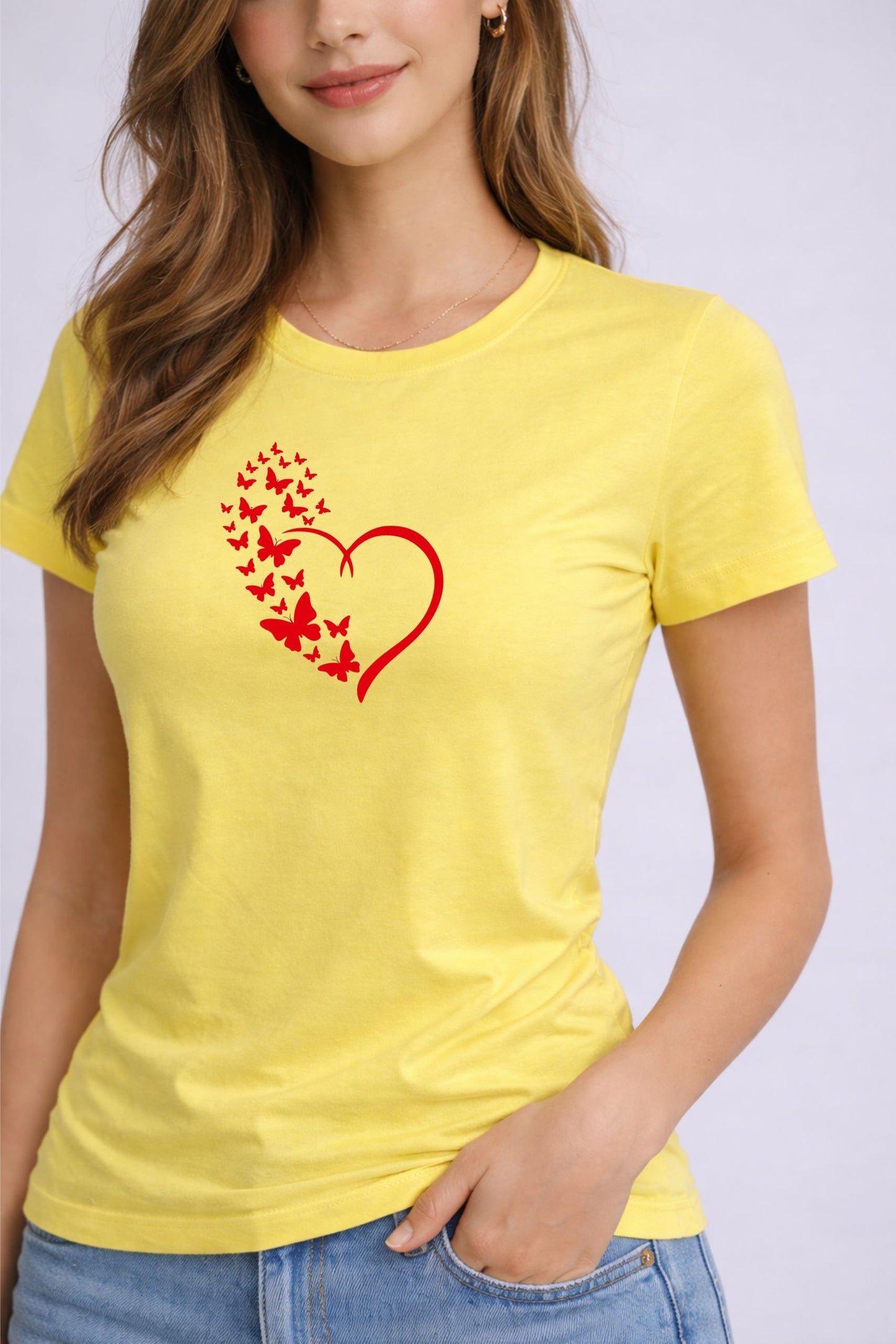 Lemon Yellow Heart Print Regular Fit T-Shirt