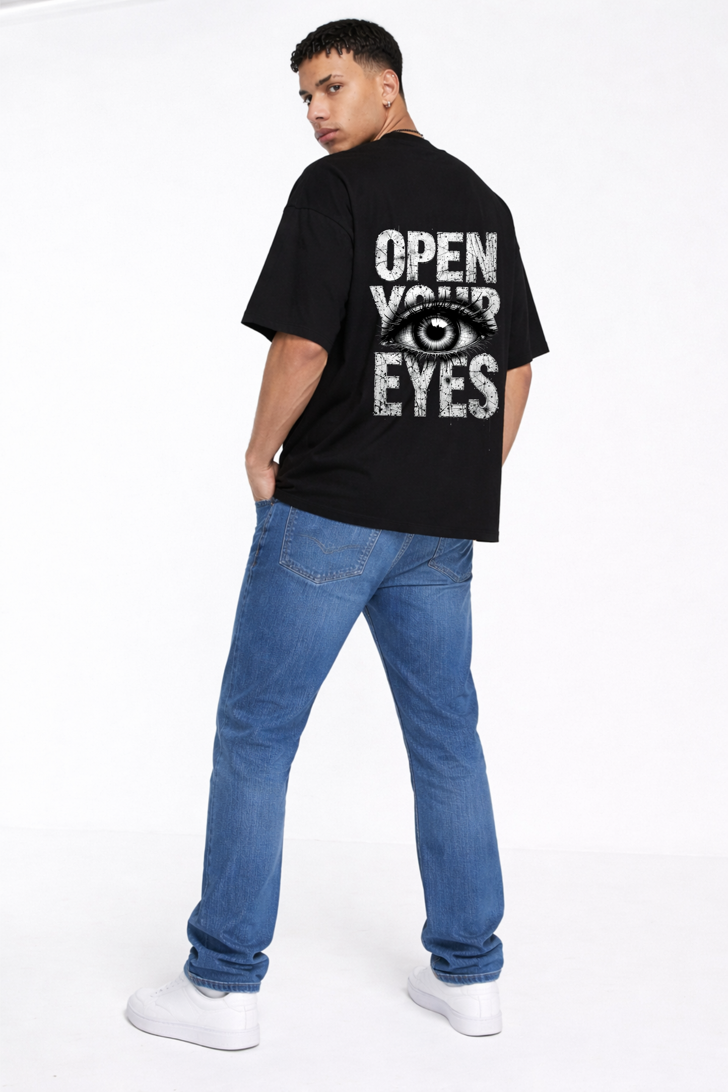Black Oversized T-Shirt – “OPEN YOUR EYES” Back Print