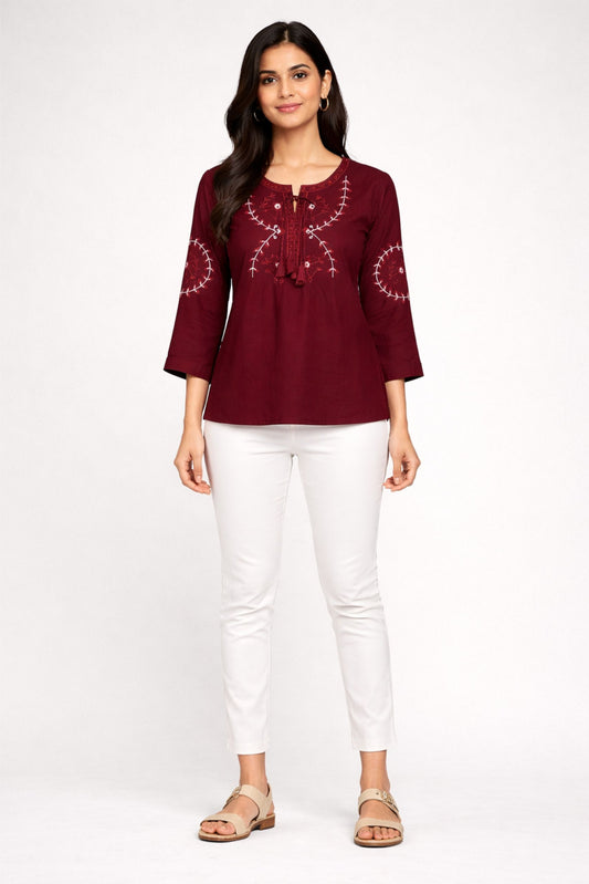 Maroon Embroidered Ethnic Top for Women