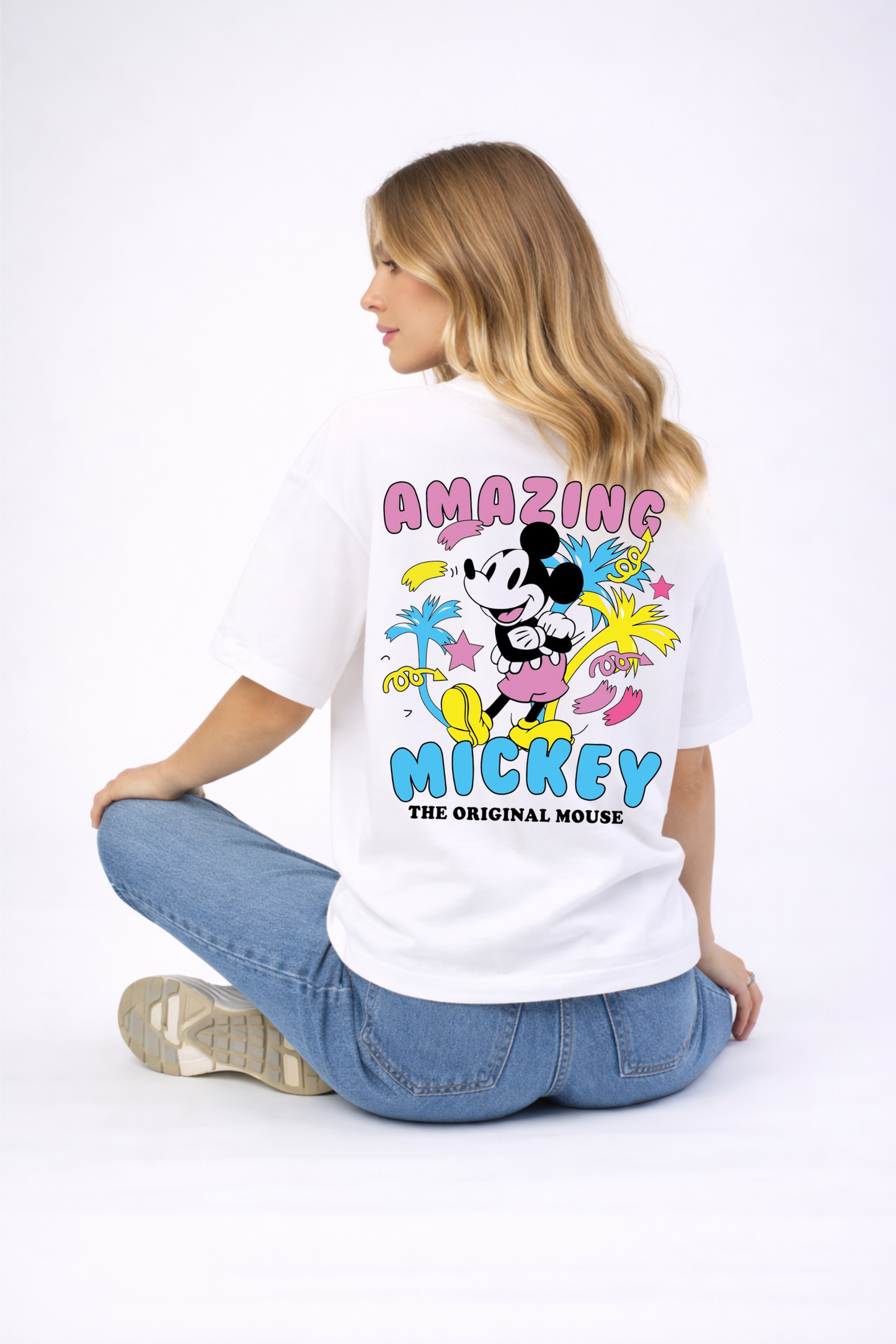 Mickey Printed Oversized White Cotton T-Shirt for Women