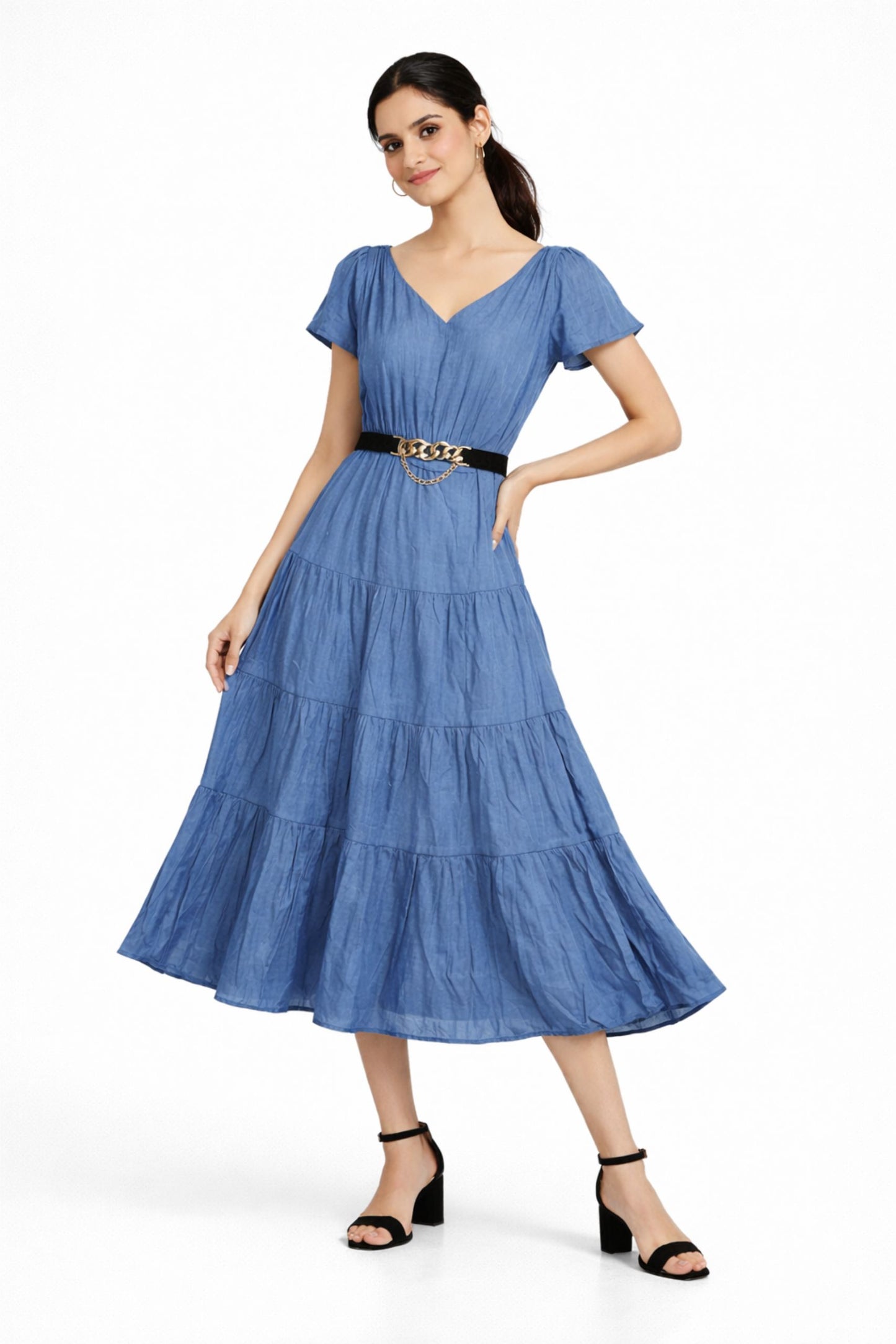 Elegant Blue Satin Midi Dress for Women