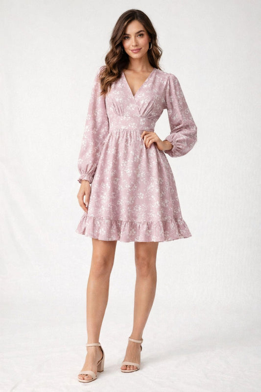 Elegant Pink Floral Wrap Mini Dress for Women