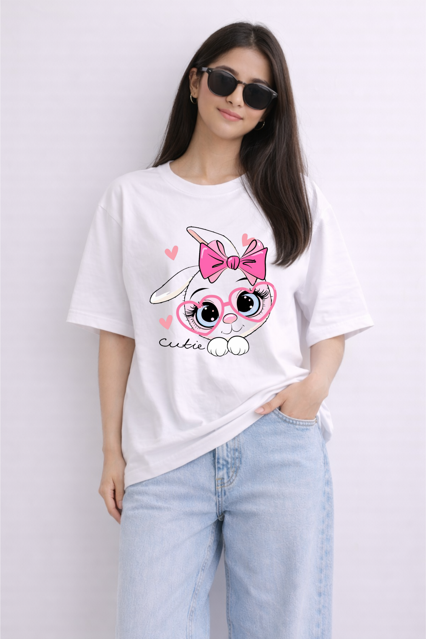 White Oversized T-Shirt for Women – Cute Bunny Graphic Print