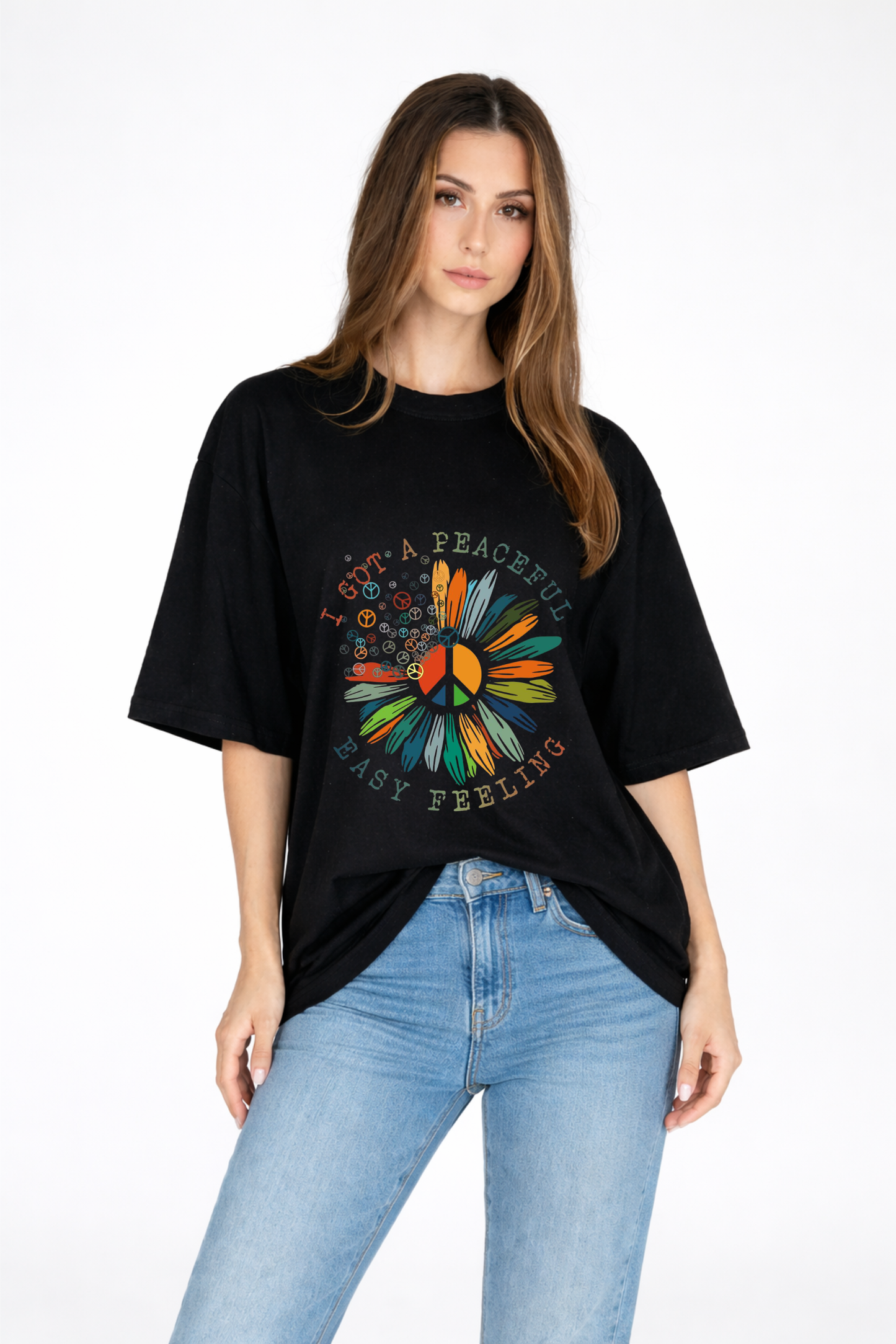Women’s Black Oversized Graphic T-Shirt – Peaceful Easy Feeling Print