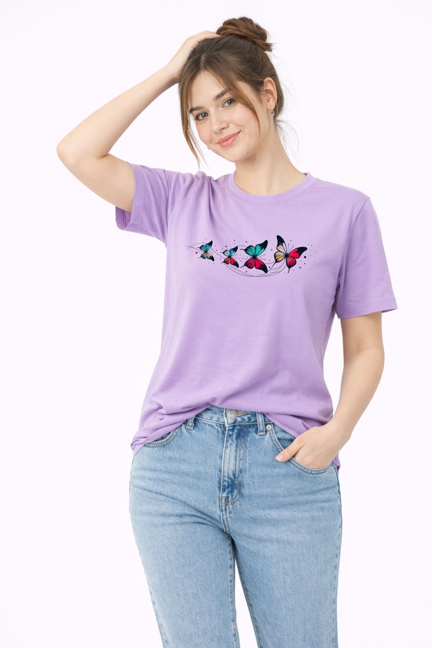 Light Purple Butterfly Print Regular Fit T-Shirt
