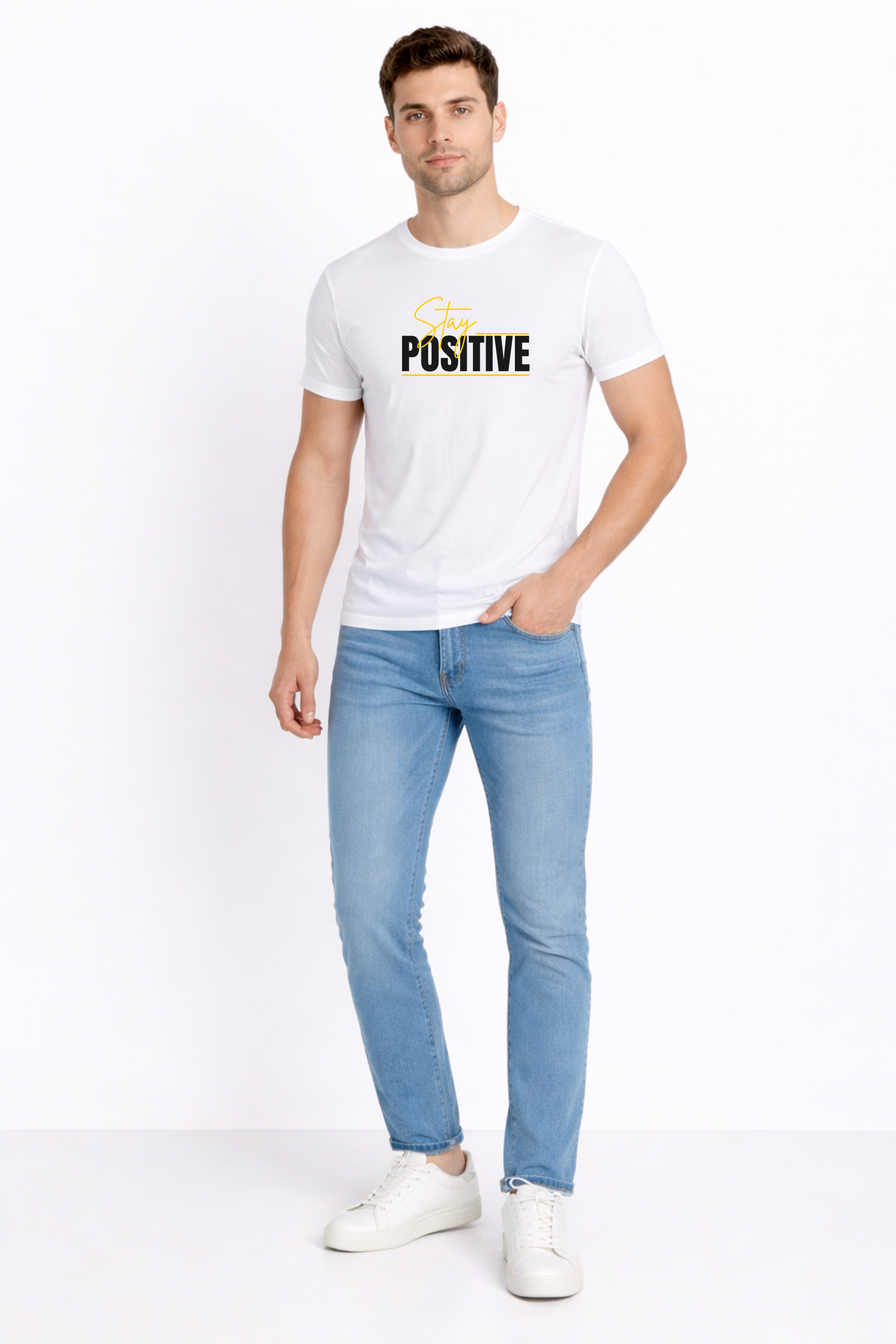 White Cotton “Stay Positive” Graphic Print Men’s T-Shirt