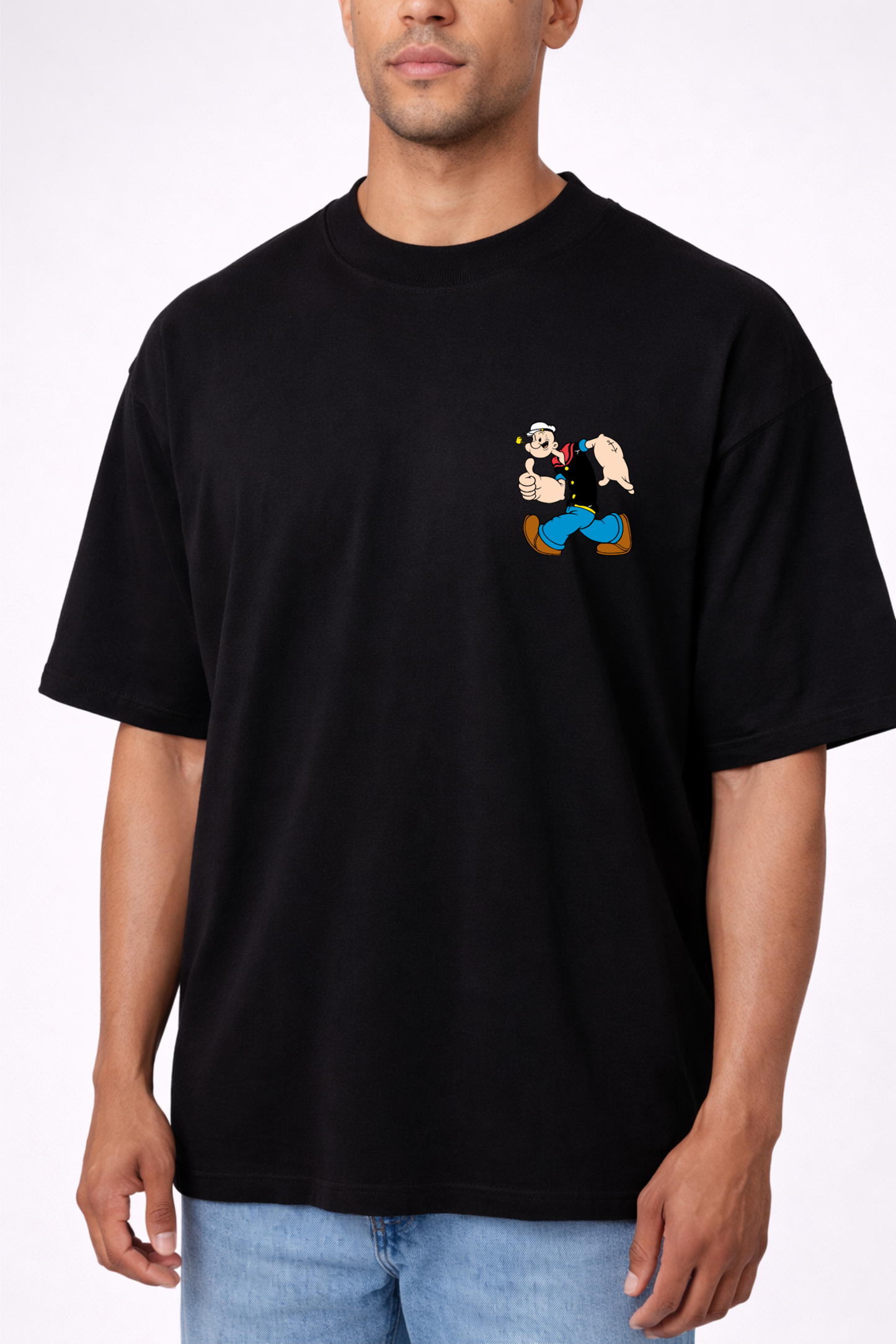 Men’s Black Oversized Cotton T-Shirt with Popeye Print