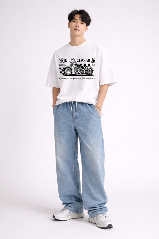 White Oversized T-Shirt – “Ride the Classics” Graphic Print