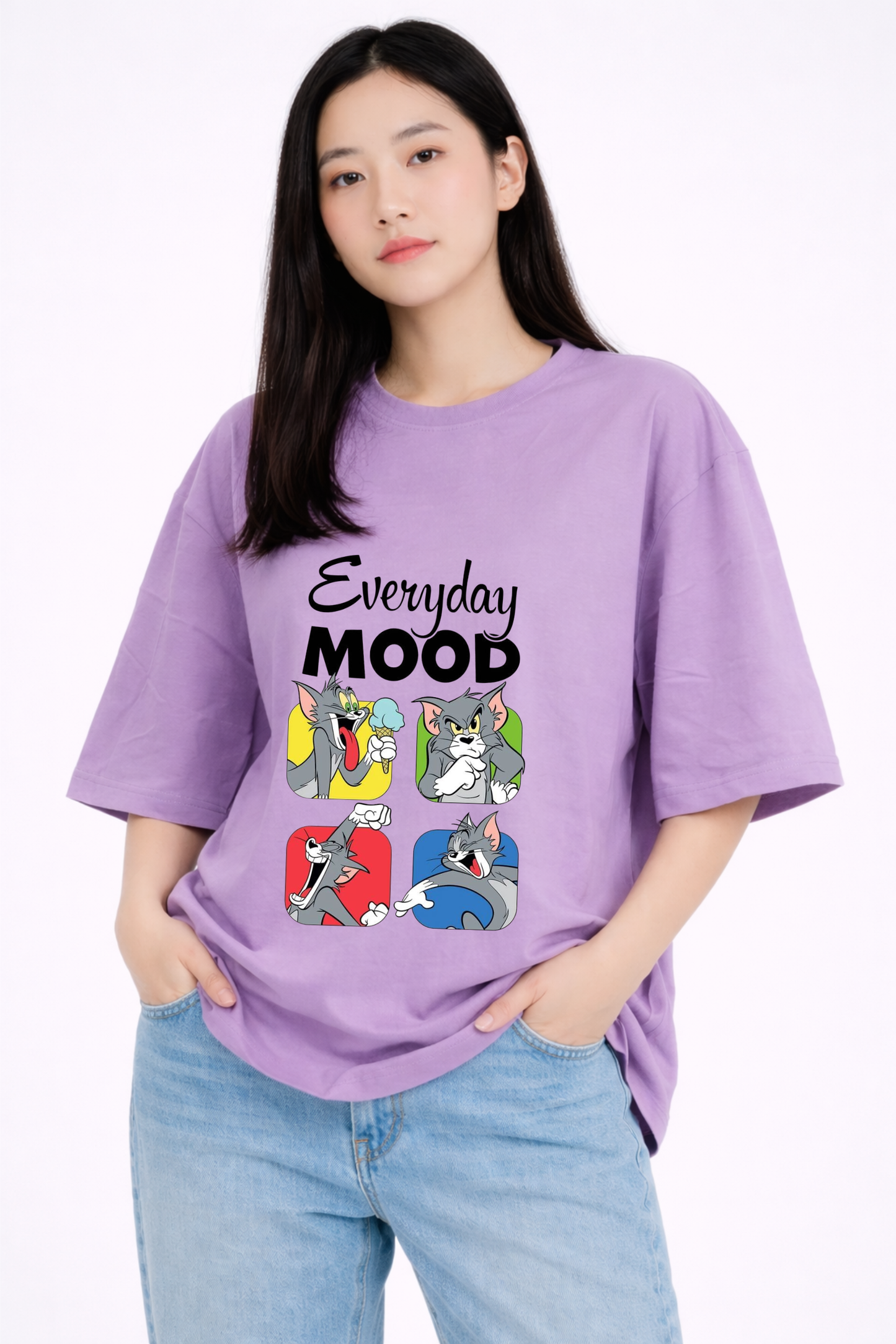 Lavender Oversized T-Shirt for Women – Everyday Mood Cartoon Print