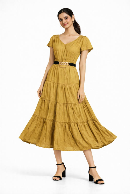 Elegant Mustard Satin Midi Dress for Women