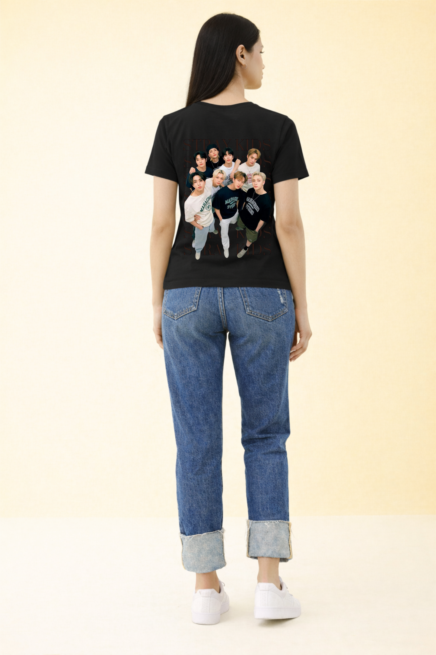 K-Pop Back Printed Black Regular Fit T-Shirt for Women