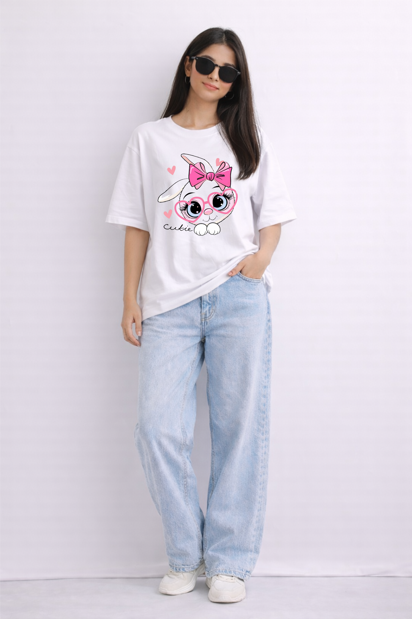 White Oversized T-Shirt for Women – Cute Bunny Graphic Print