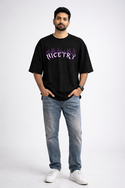 Black Oversize “Nice Try” Flame Graphic Printed T-Shirt for Men