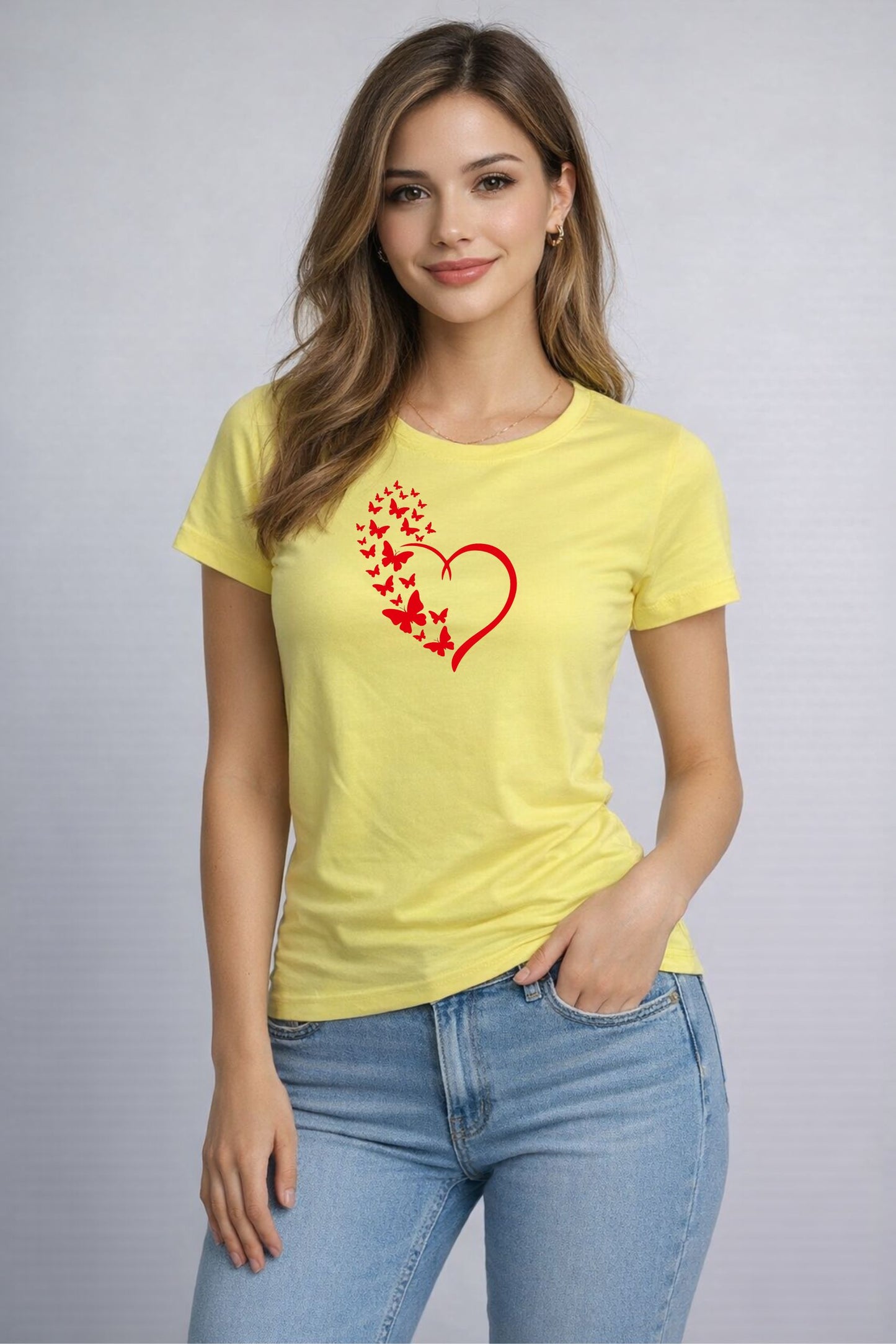 Lemon Yellow Heart Print Regular Fit T-Shirt