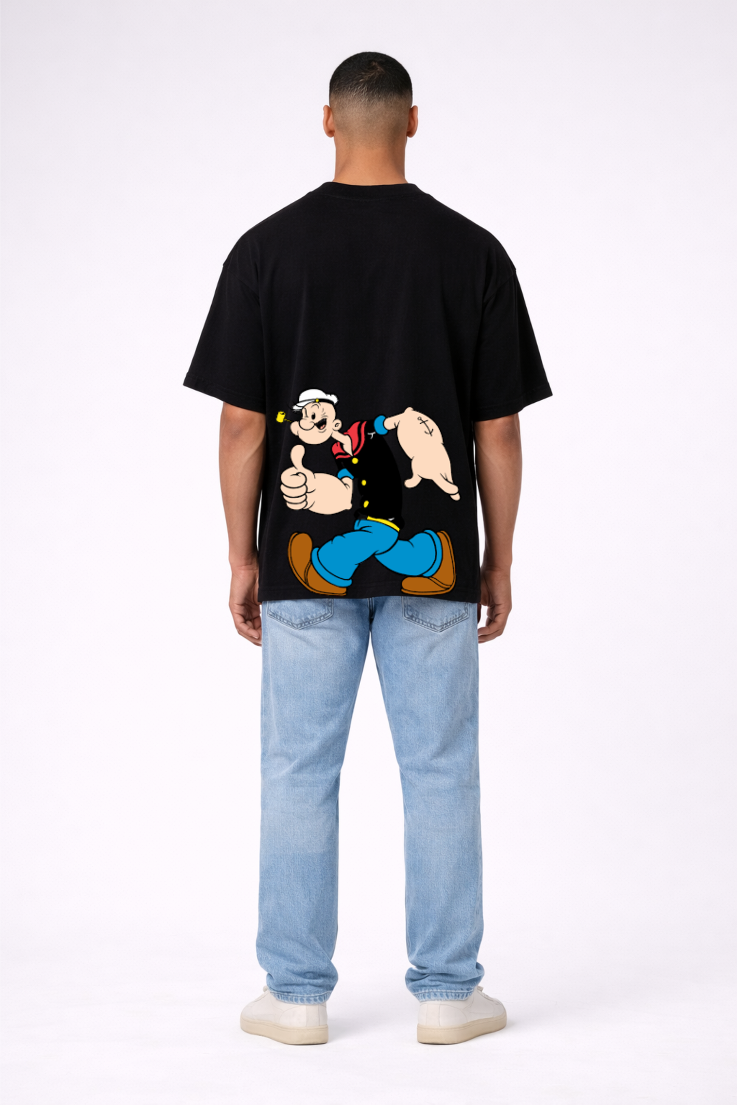 Men’s Black Oversized Cotton T-Shirt with Popeye Print