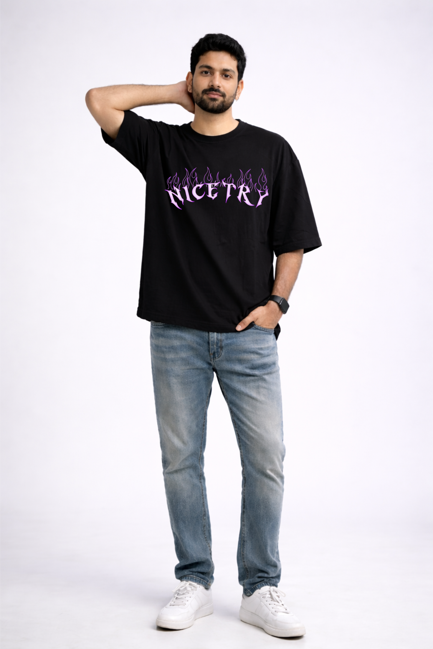 Black Oversize “Nice Try” Flame Graphic Printed T-Shirt for Men