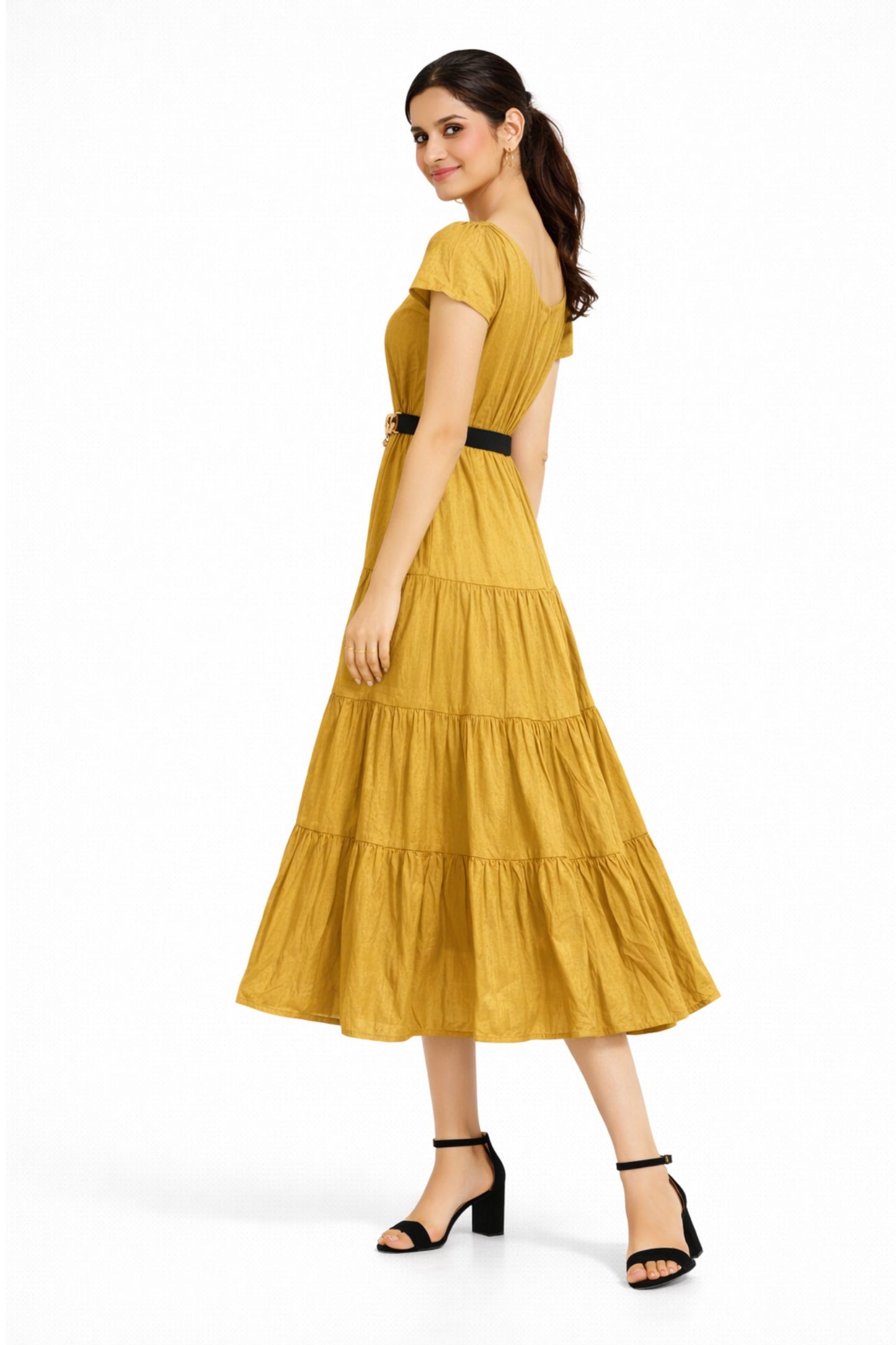Elegant Mustard Satin Midi Dress for Women
