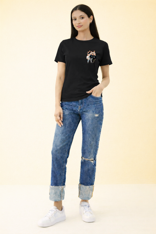 K-Pop Back Printed Black Regular Fit T-Shirt for Women
