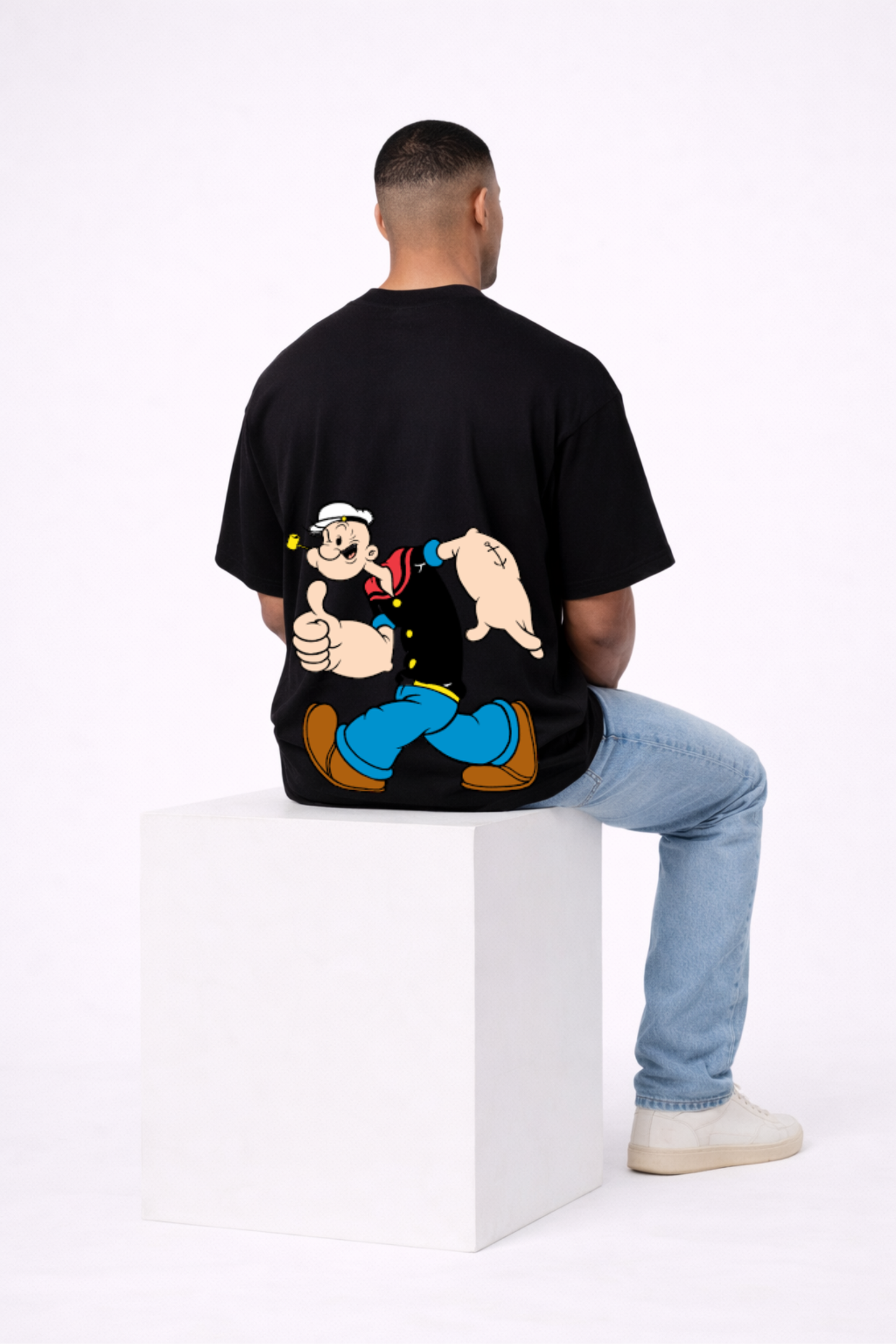Men’s Black Oversized Cotton T-Shirt with Popeye Print
