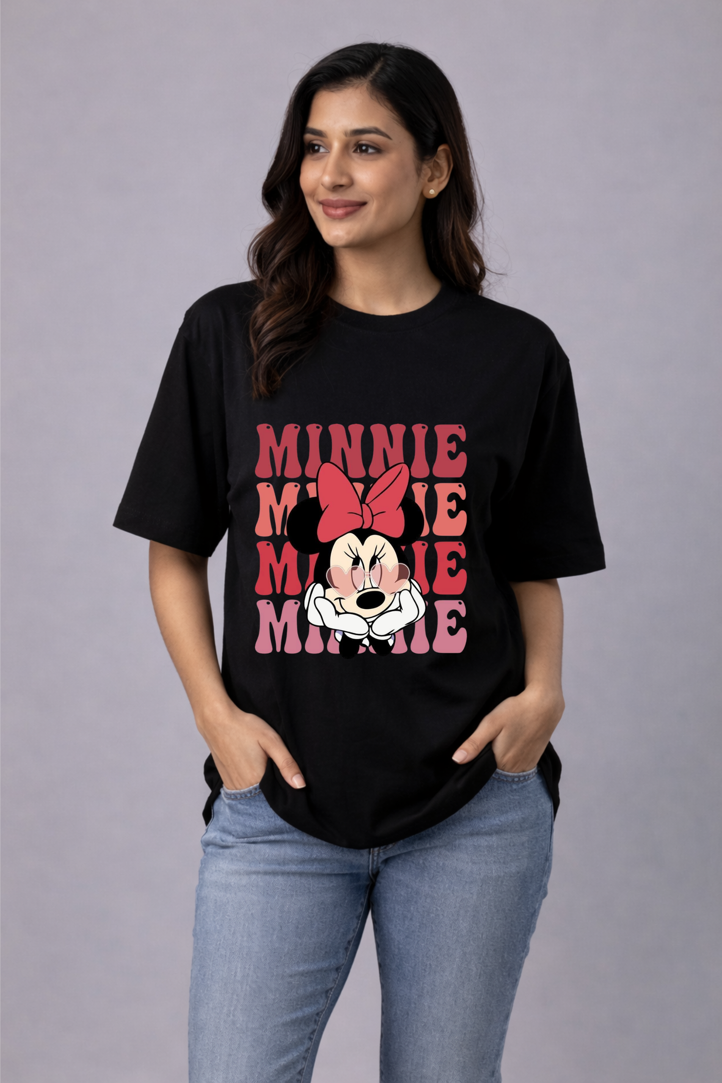 Black Minnie Mouse Printed Oversize T-Shirt for Women