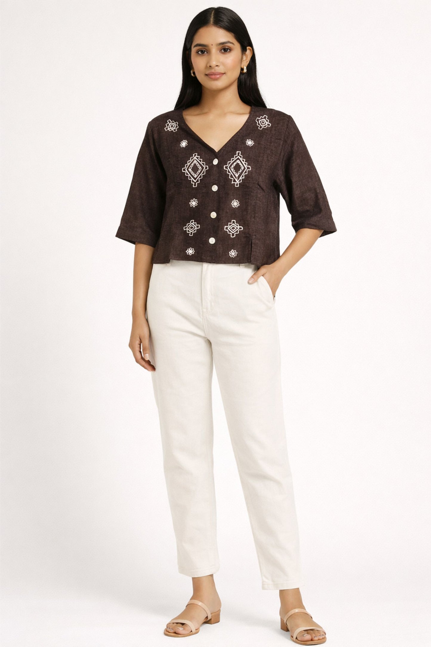 Chic Brown Embroidered Crop Top for Women