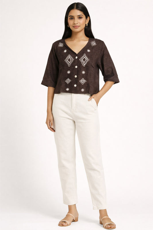 Chic Brown Embroidered Crop Top for Women