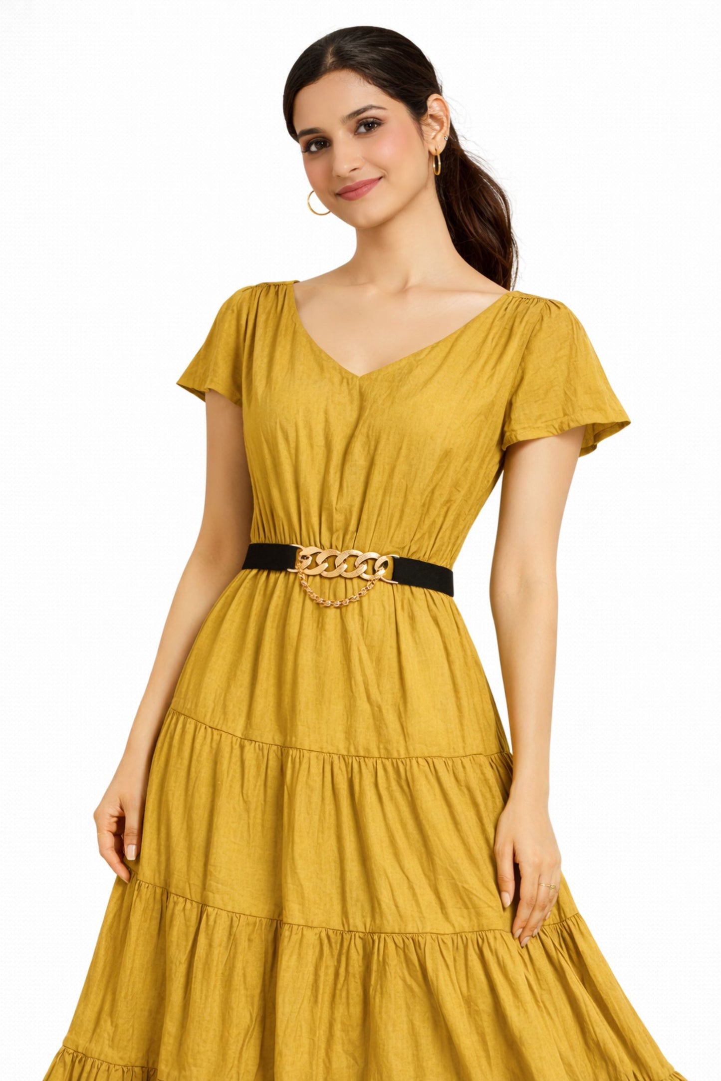 Elegant Mustard Satin Midi Dress for Women