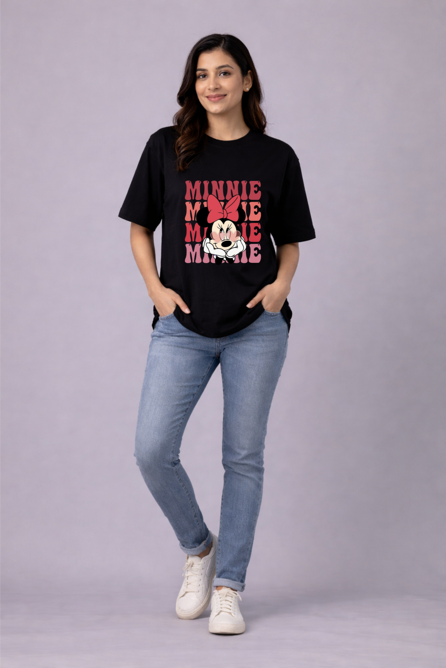 Black Minnie Mouse Printed Oversize T-Shirt for Women