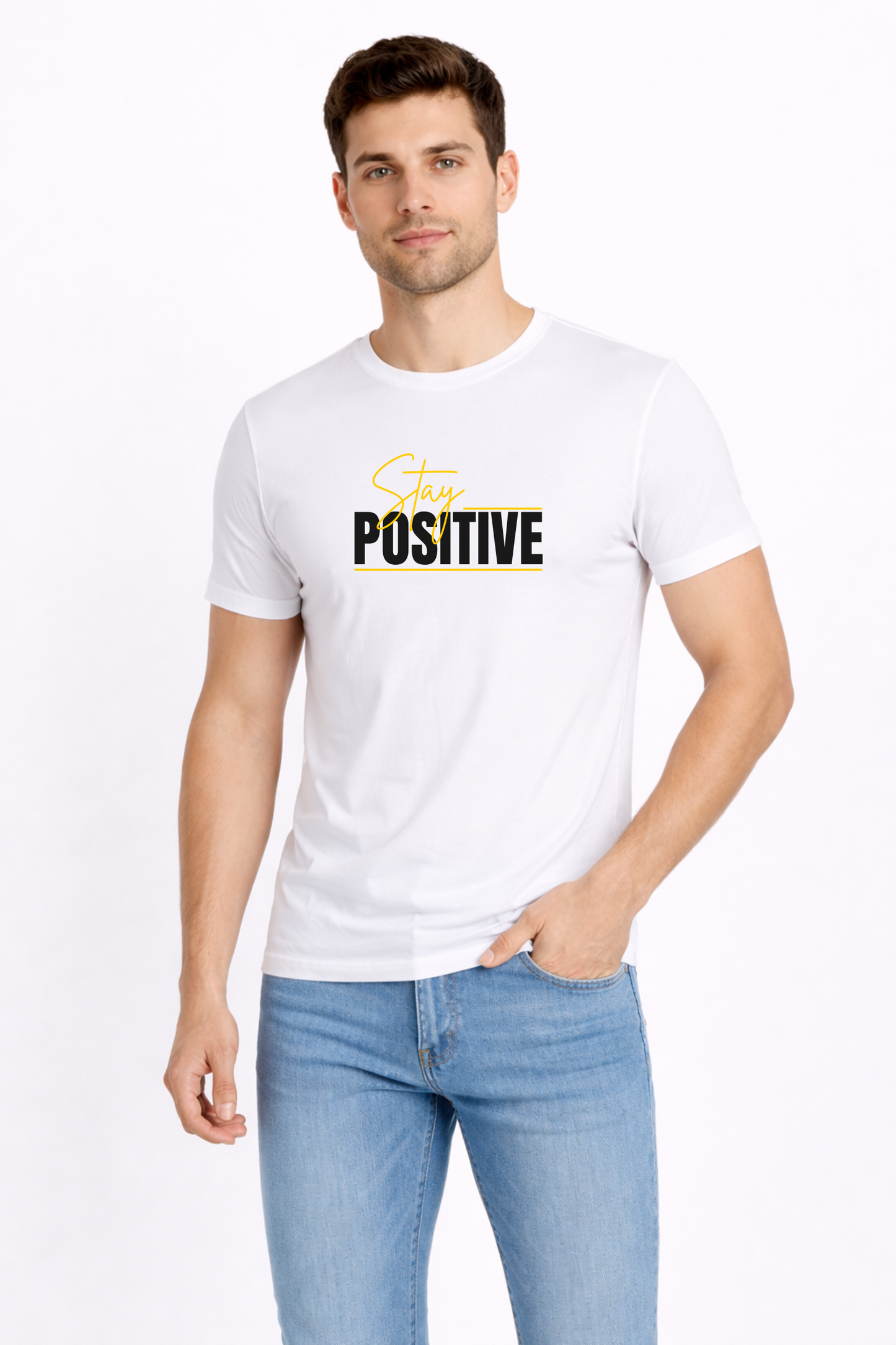 White Cotton “Stay Positive” Graphic Print Men’s T-Shirt