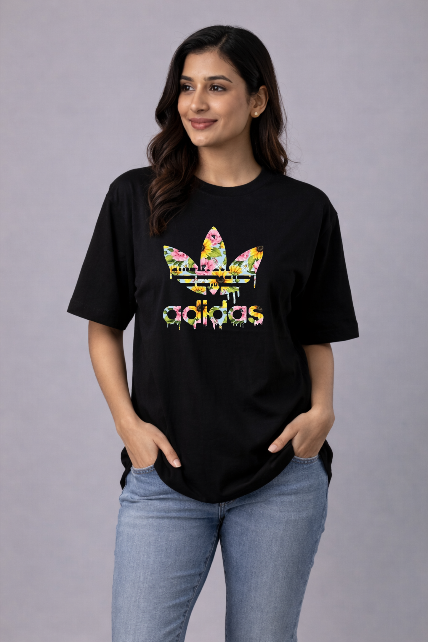 Black Floral Logo Printed Oversized T-Shirt for Women