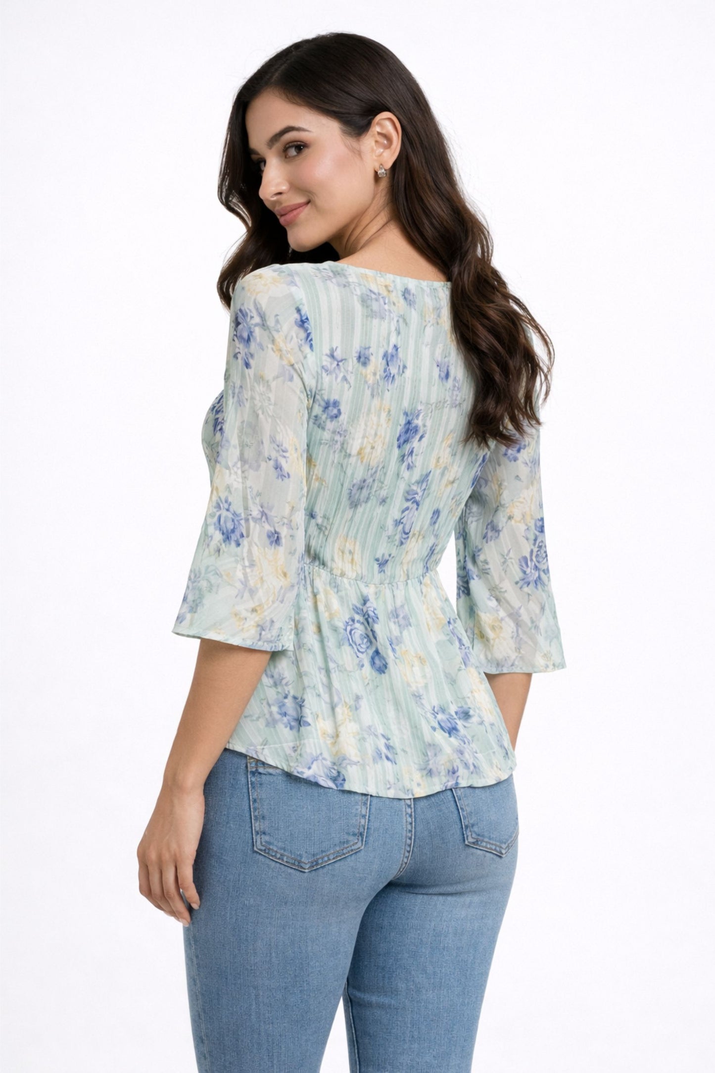Elegant Mint Green Floral Pleated Top for Women