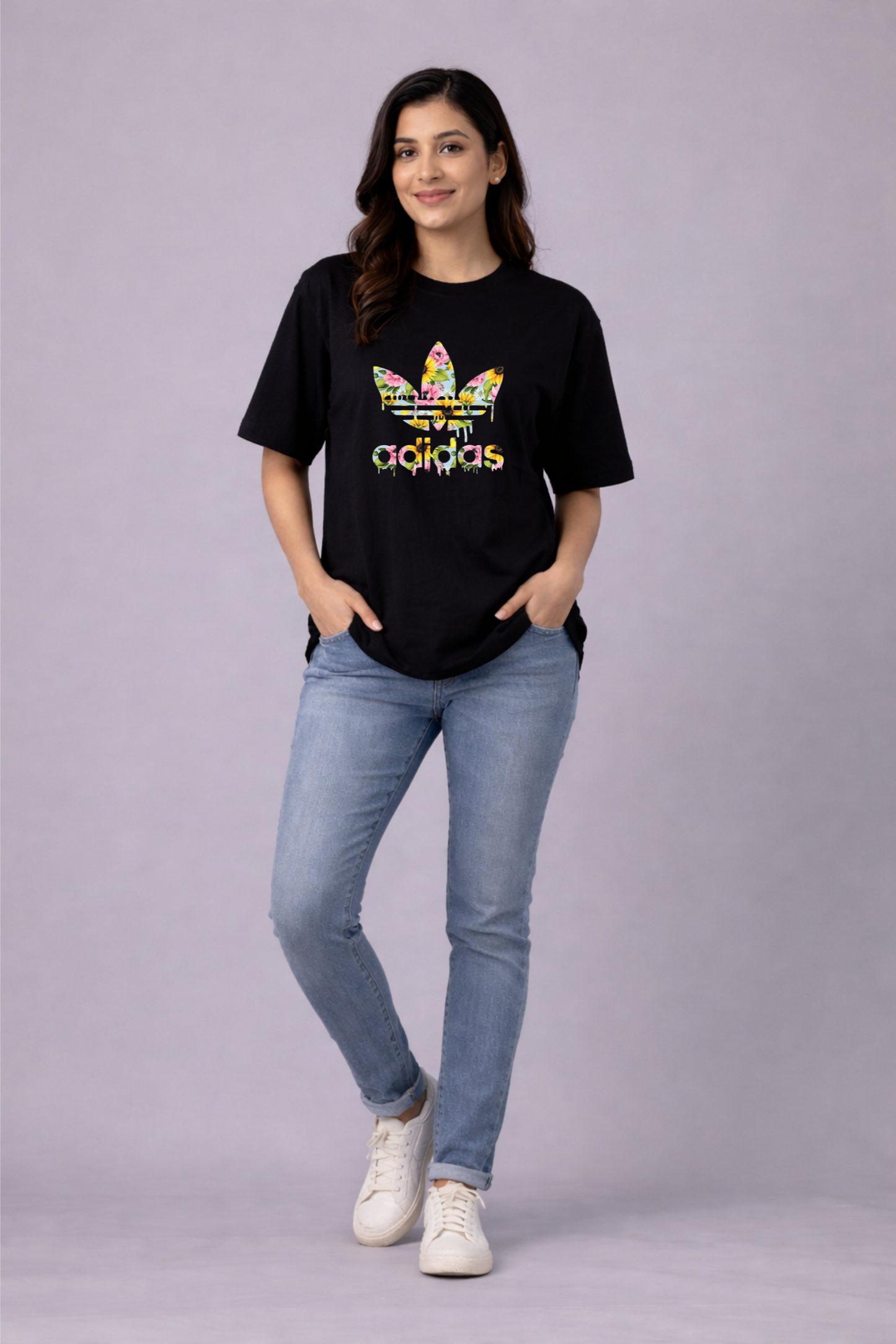 Black Floral Logo Printed Oversized T-Shirt for Women