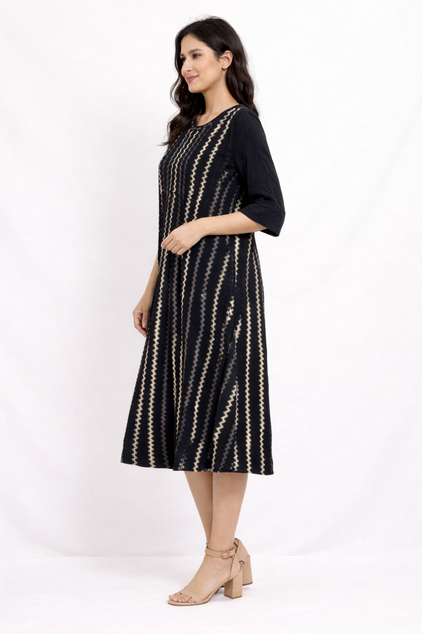 Women Black Printed Midi One Piece Dress