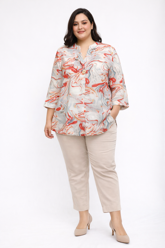 Marble Print Top with Mandarin Collar