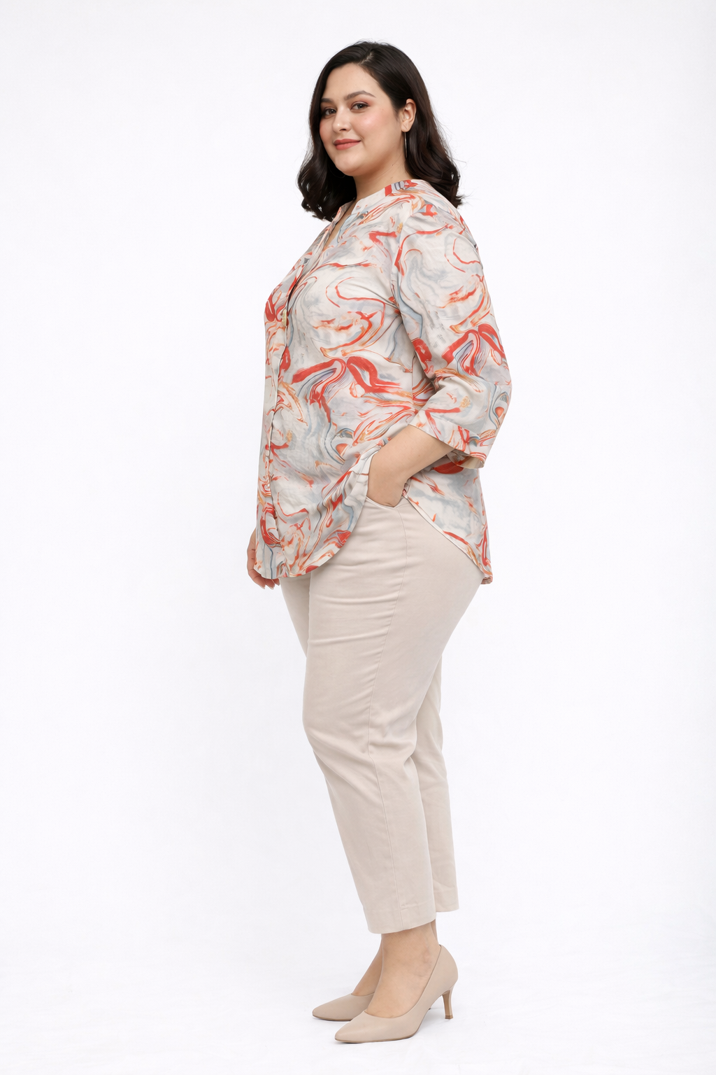 Marble Print Top with Mandarin Collar