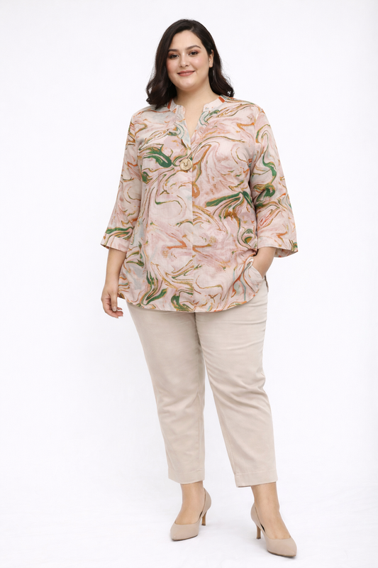 Abstract Print Top with Mandarin Collar