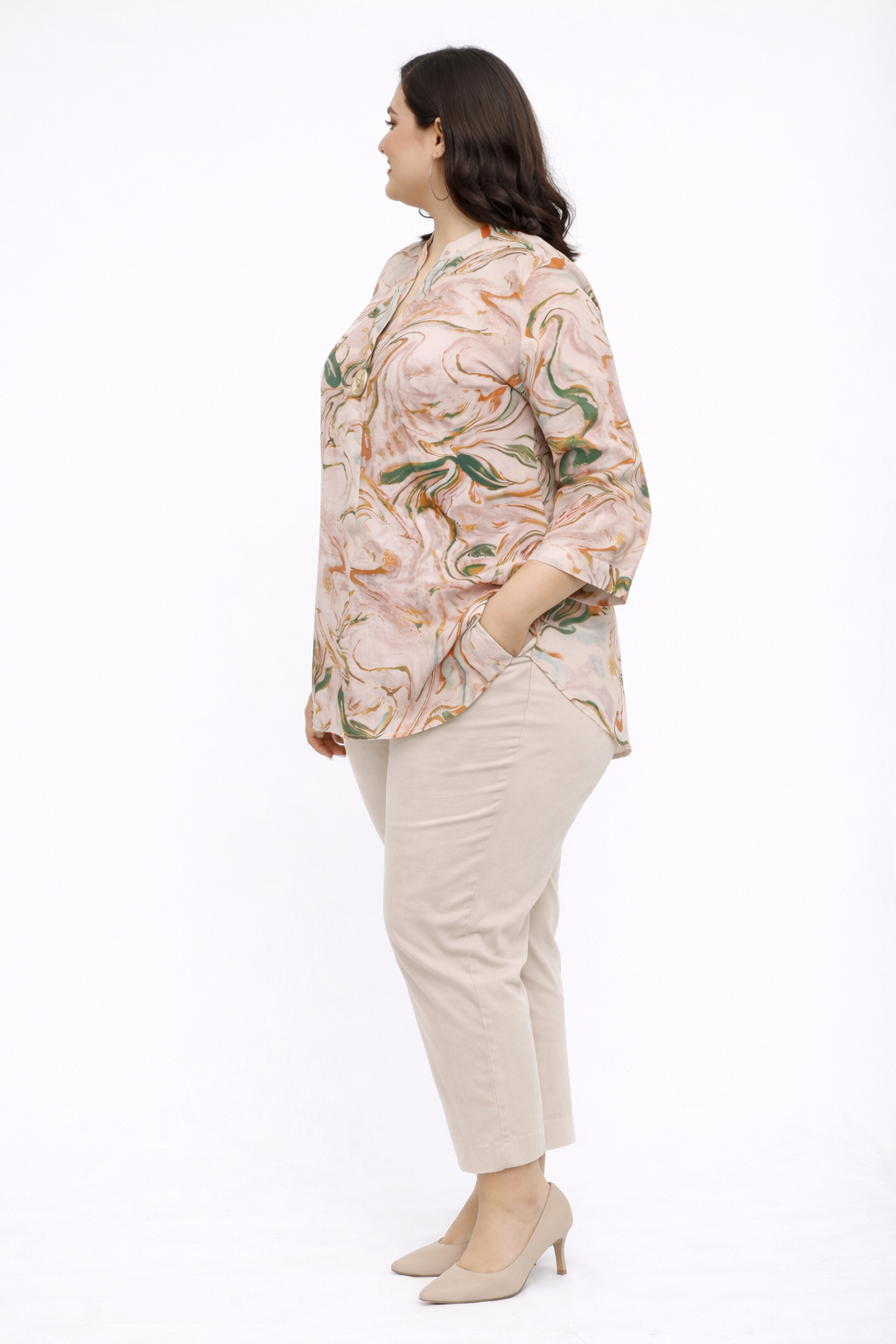 Abstract Print Top with Mandarin Collar