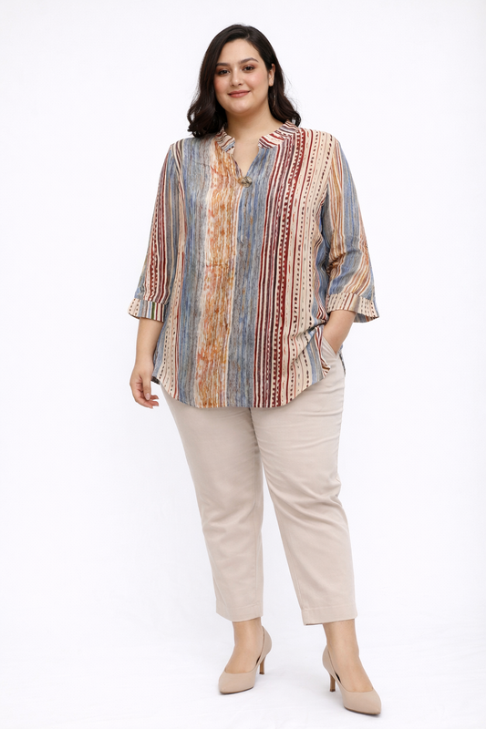 Multicolor Printed Top with Mandarin Collar