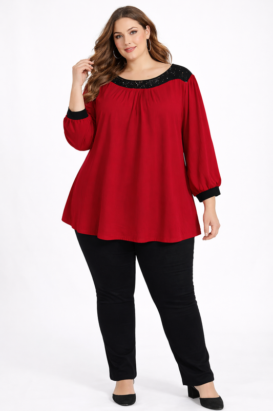 Red Flared Tunic Top with Black Embellished Neckline