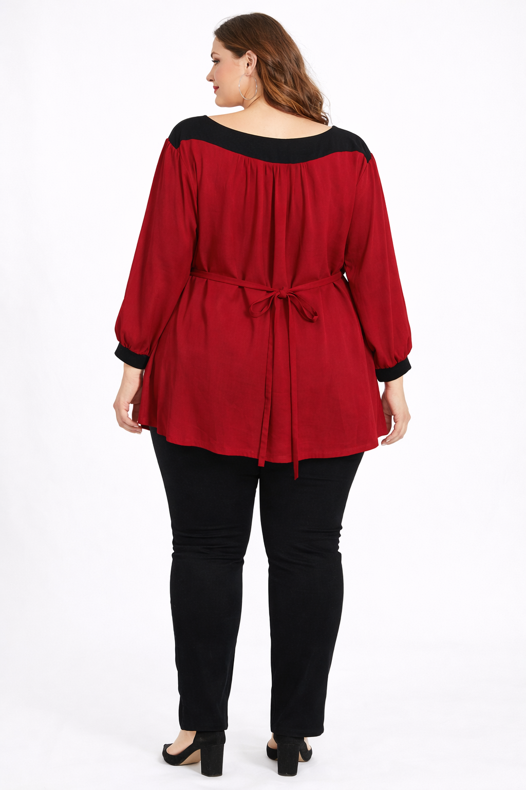 Red Flared Tunic Top with Black Embellished Neckline