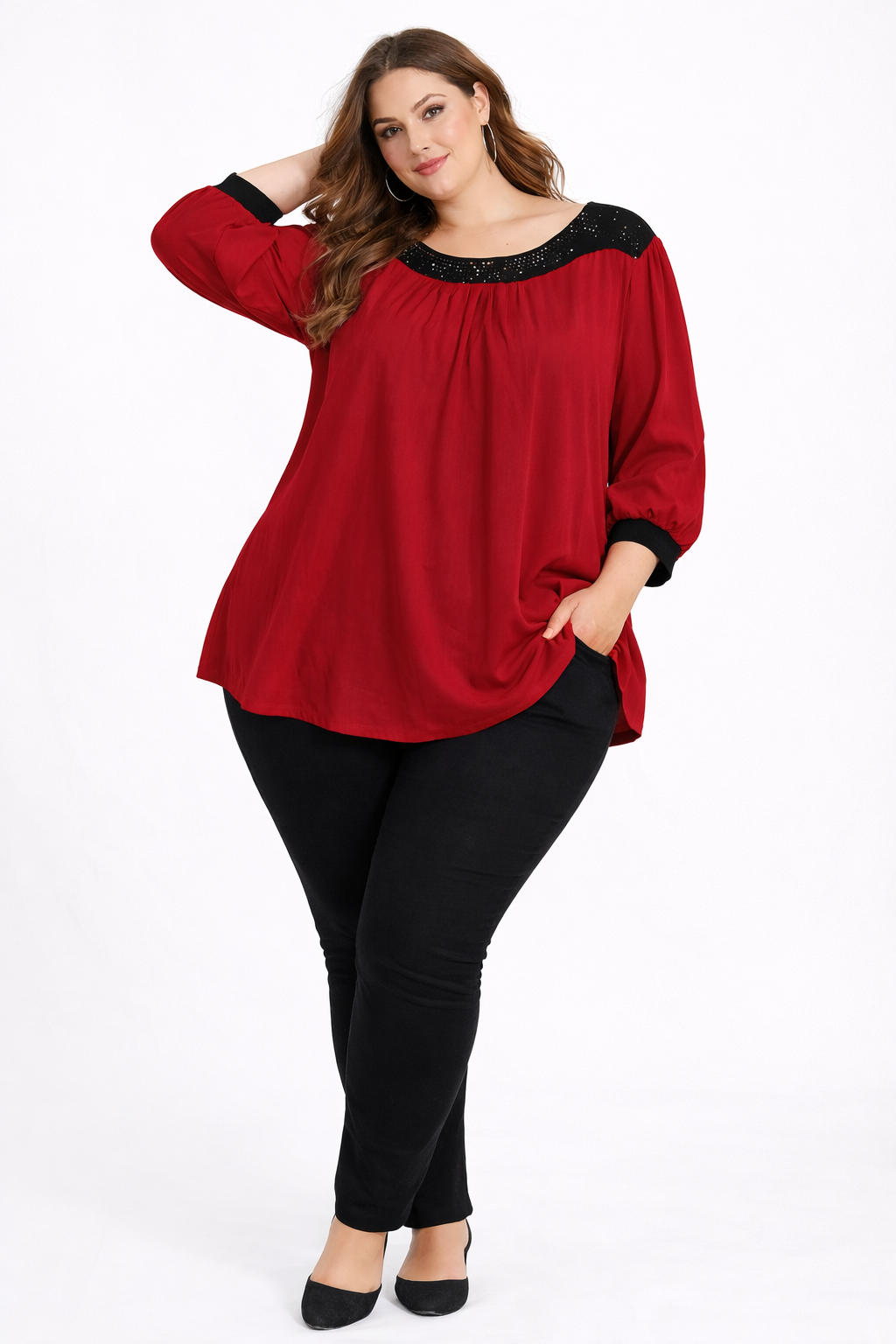 Red Flared Tunic Top with Black Embellished Neckline