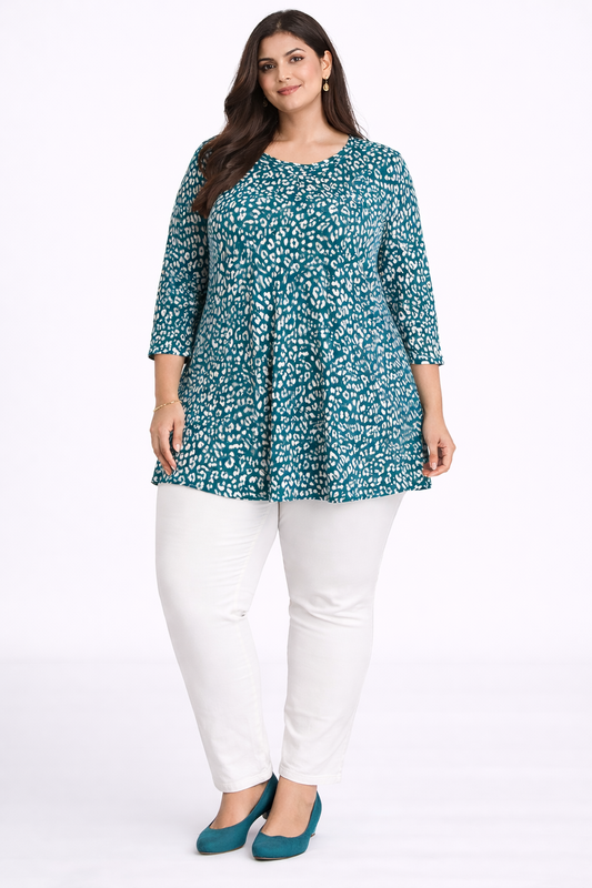 Teal Printed Flared Casual Tunic Top