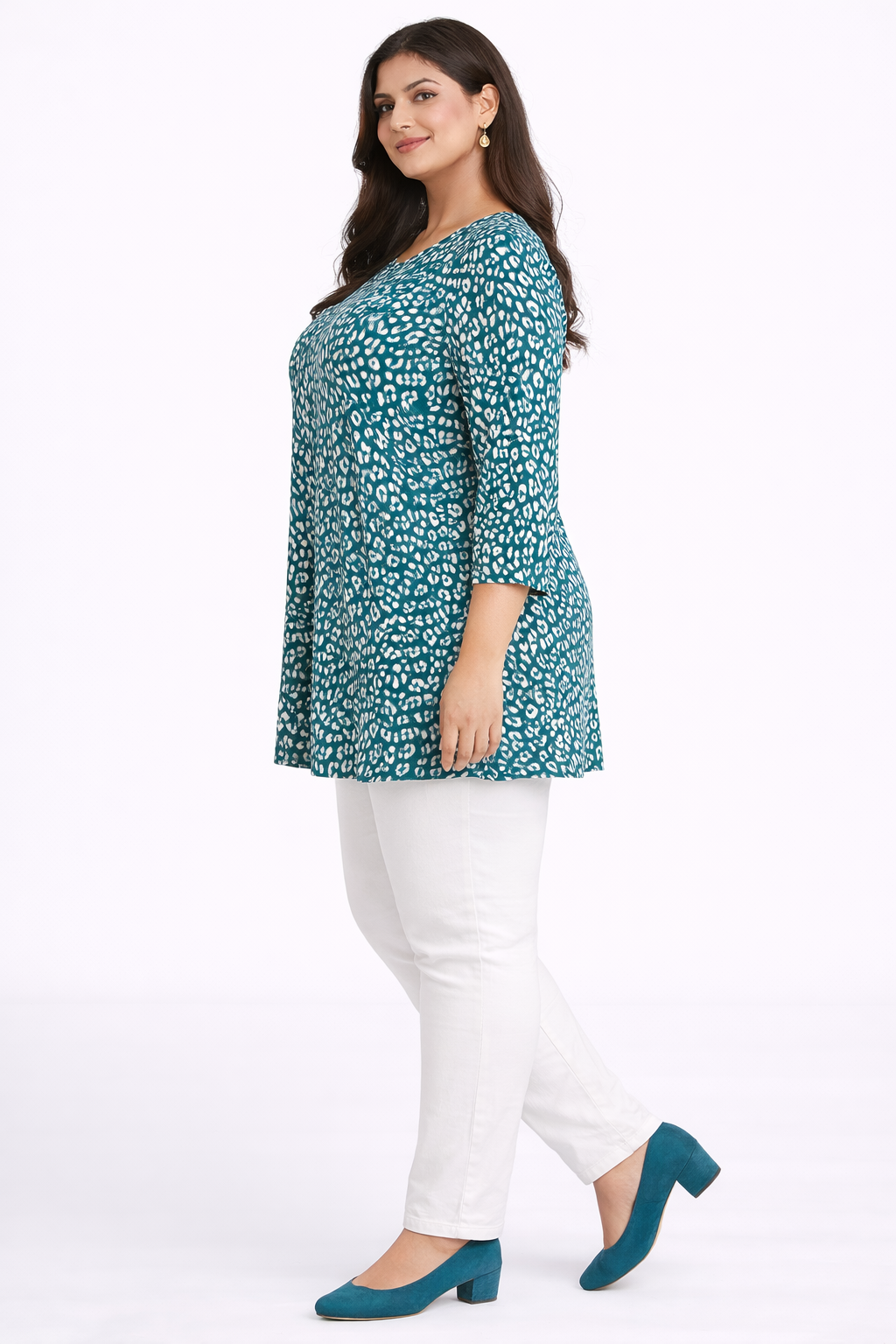 Teal Printed Flared Casual Tunic Top