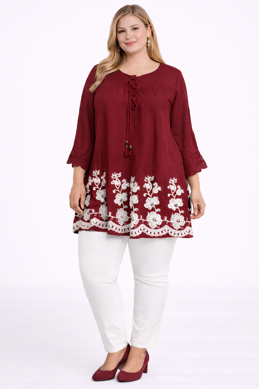 Maroon Embroidered Casual Tunic Top